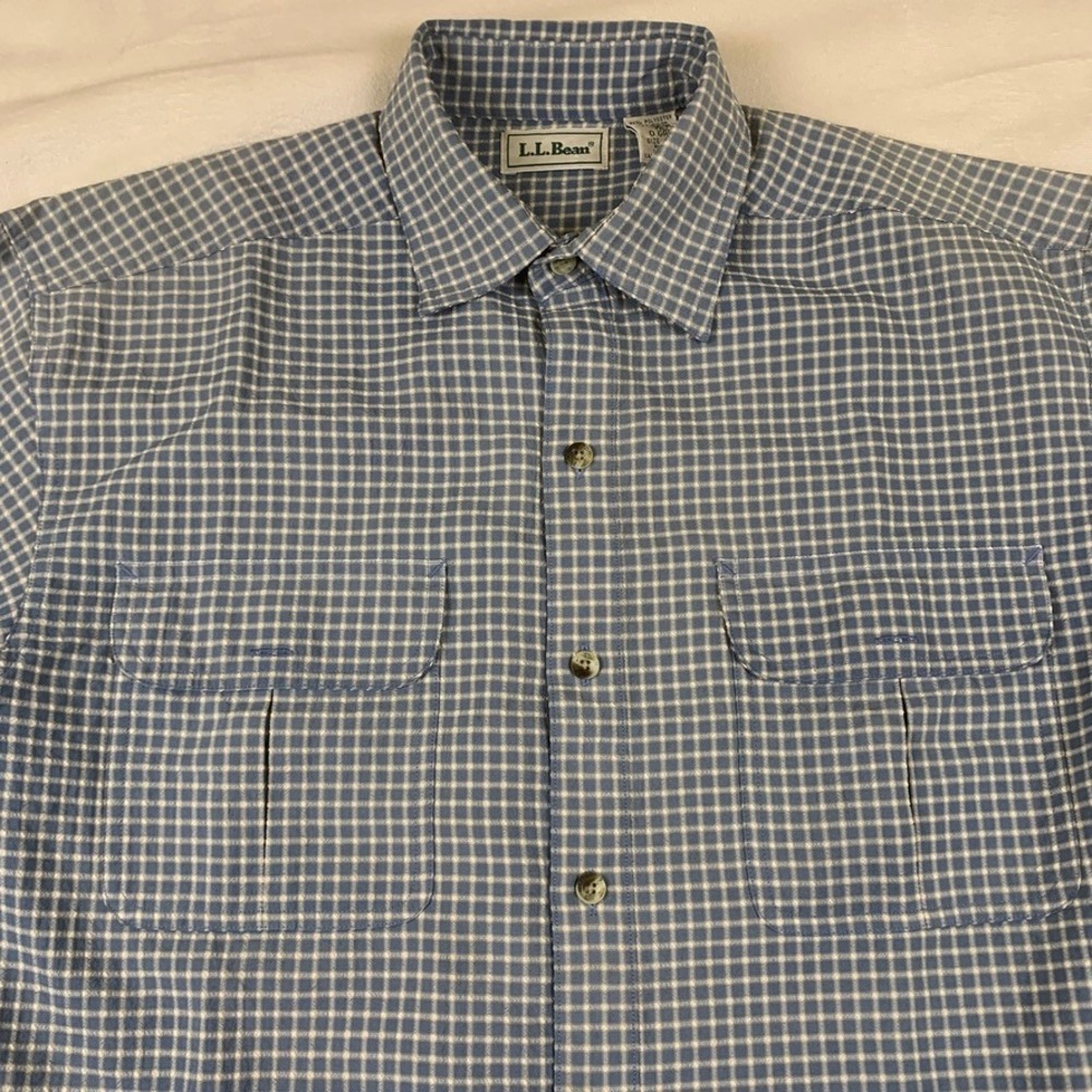 LL Bean Mens Medium Tall Blue Check Long Sleeve Button Down Shirt 0GR89 Pocket - Picture 3 of 9